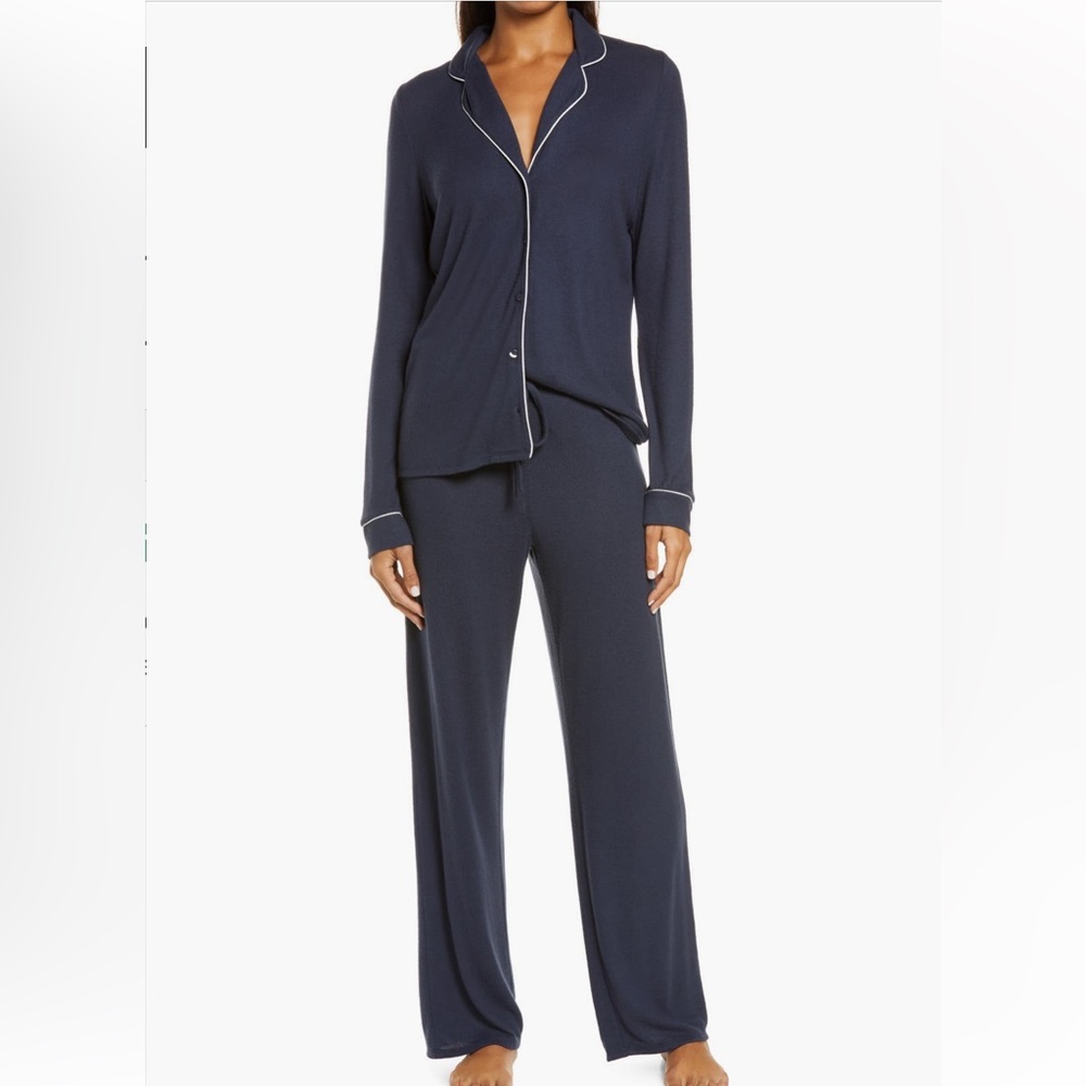 Nordstrom Navy Blue Long Sleeve Button Pajamas Shirt and Pant Set